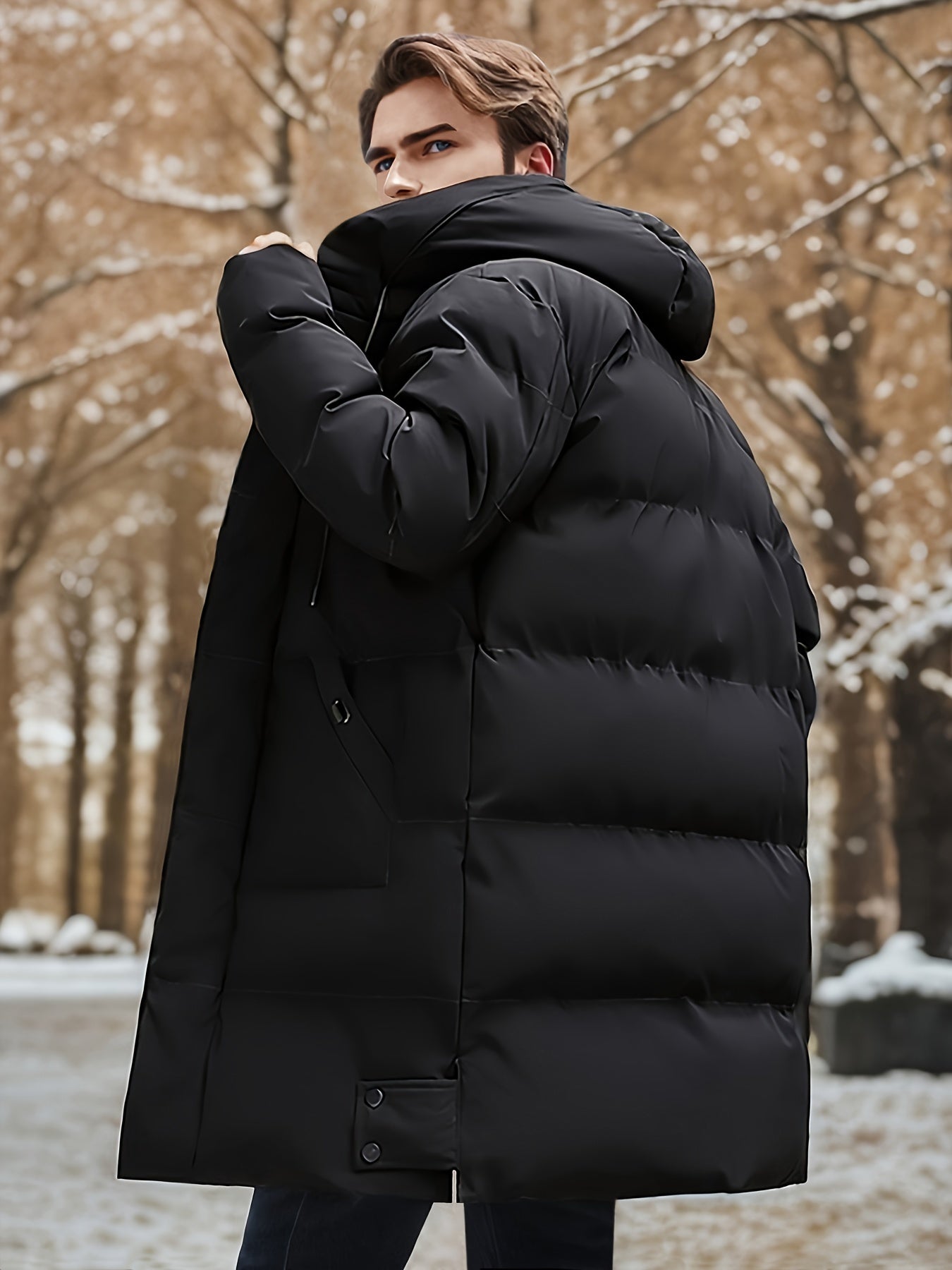 Men s Hooded Mid Length Puffer Jacket with Drawstring Detail Ideal f Kensa Style